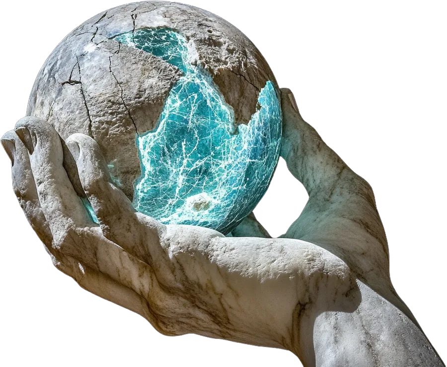 A marble hand holding a fractured globe glowing with cyan light